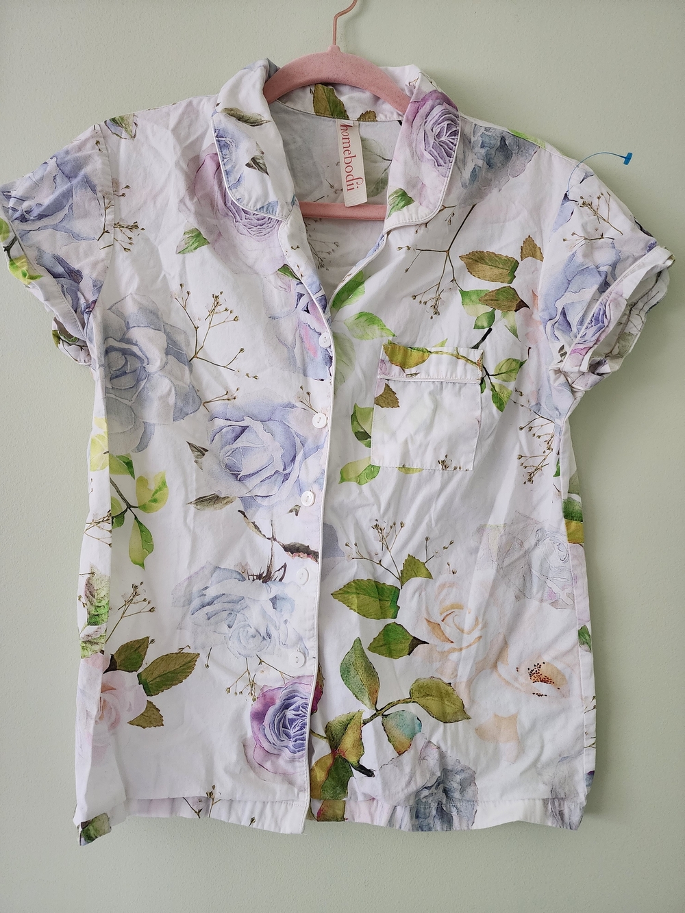 Homebodii Women's White Floral Button-Down Short Sleeve Shirt